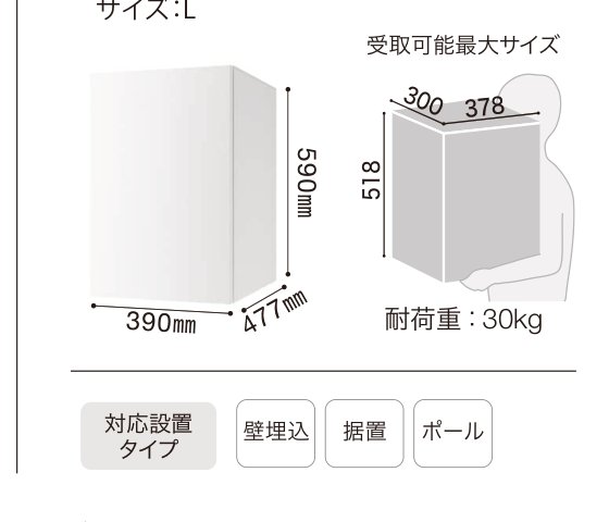ナスタボックス+ サイズ:L 寸法図(受取可能最大サイズ・対応設置タイプ)