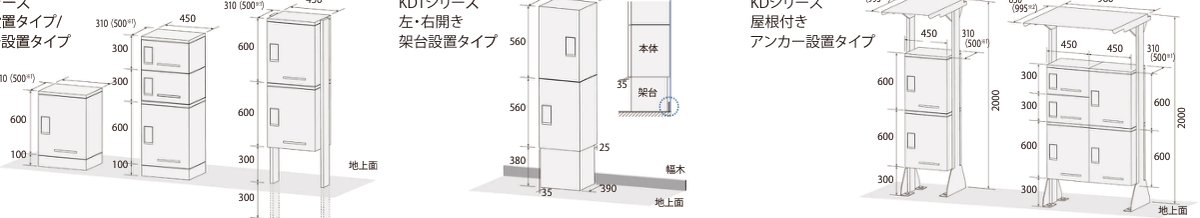 ルスポシェア 外形寸法図（KDシリーズ架台/ポール設置タイプ・KDTシリーズ・KDシリーズ屋根付きアンカー設置タイプ）