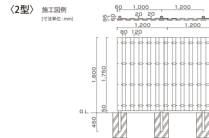 ユニットフェンス やまと塀 やまと塀〈2型〉施工図例（寸法図）