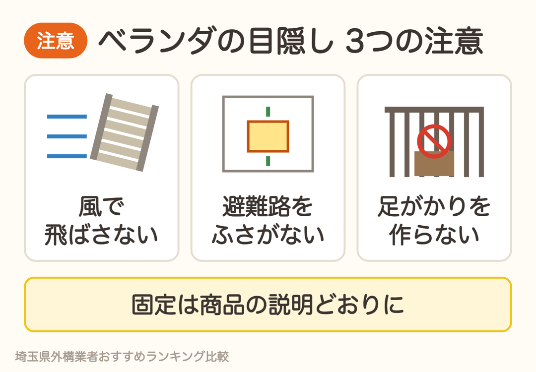 ベランダの目隠しの3つの注意。風で飛ばさない、避難路をふさがない、足がかりを作らない