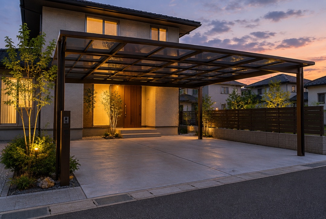 夕方のライトに照らされた2台用カーポート
