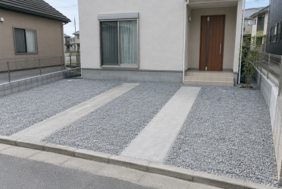 タイヤが乗る部分だけコンクリートにして、ほかを砂利にした駐車場
