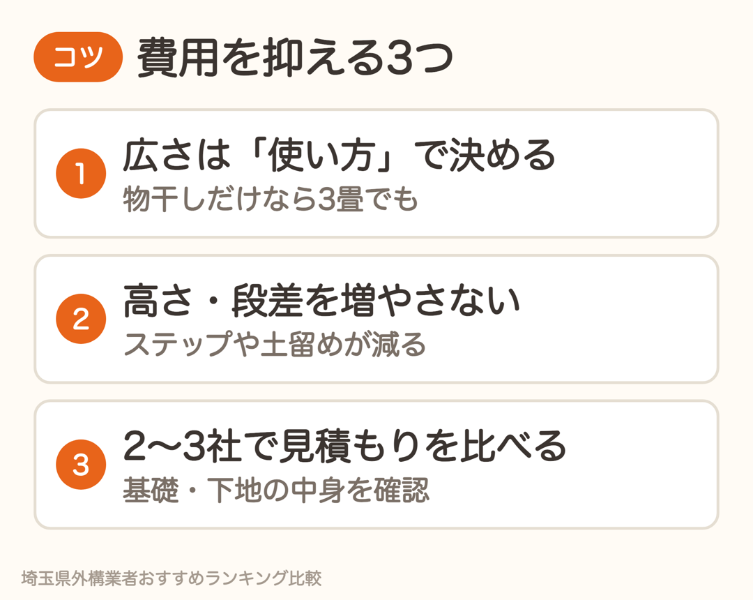 デッキの費用を抑える3つのコツ。広さは使い方で決める・高さを増やさない・2〜3社で見積もりを比べる