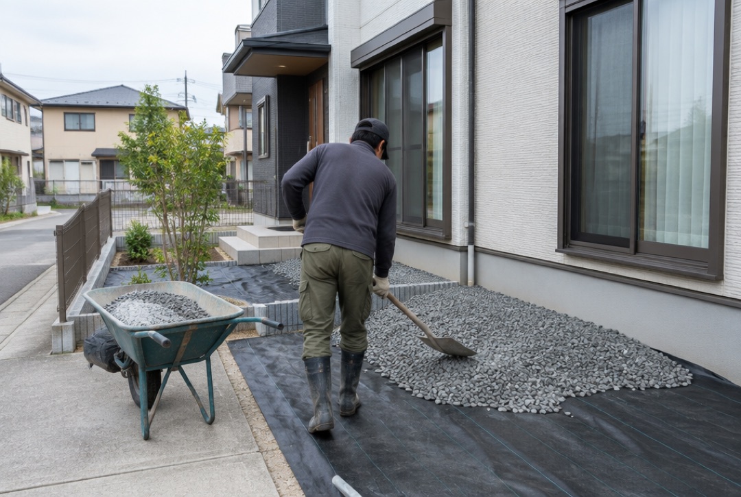 住宅の横に防草シートを敷き、スコップで砂利を広げる外構DIYの様子