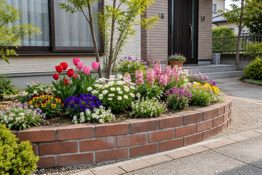 低いレンガで囲った曲線の花壇。チューリップなど季節の花が咲く