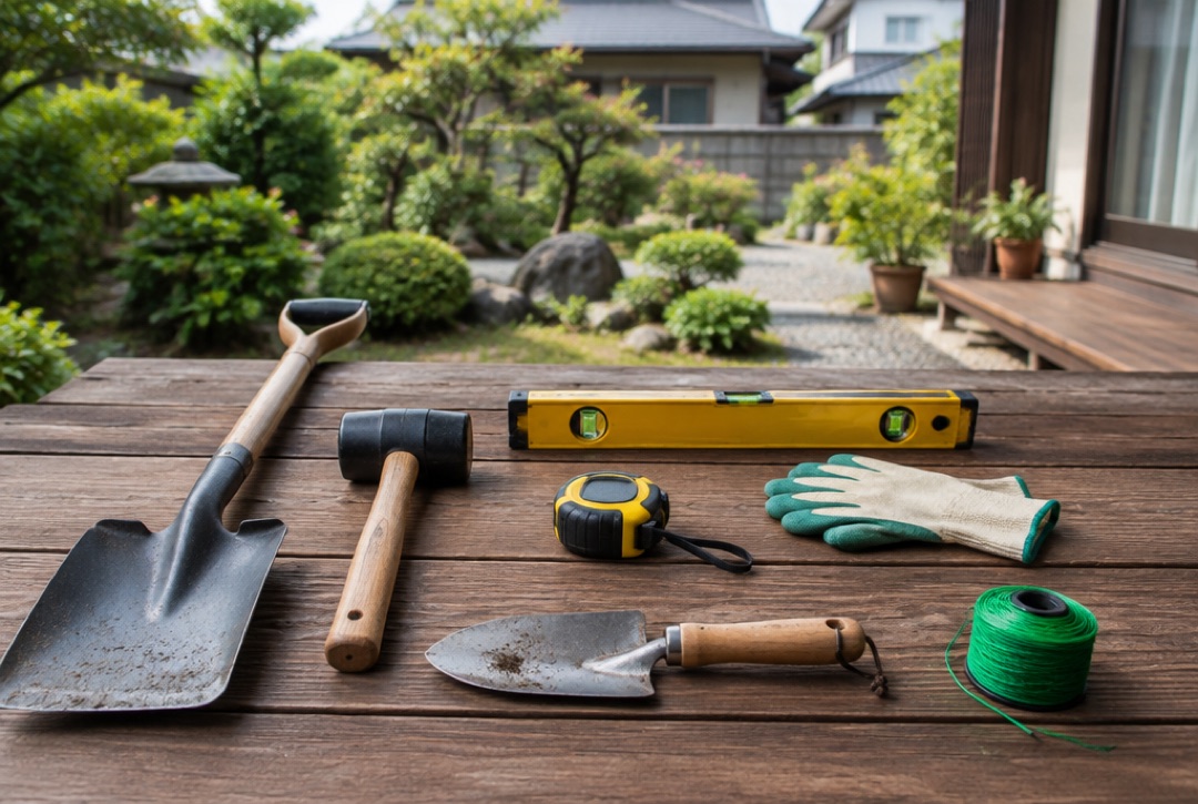 スコップ・ゴムハンマー・水平器・メジャー・軍手など外構DIYの道具