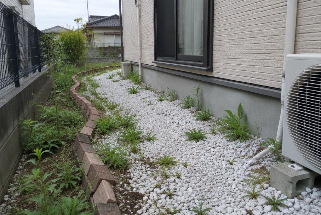 砂利のすき間から雑草が生え、レンガの縁取りがゆがんだ家の横の通路