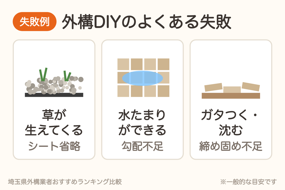 外構DIYのよくある失敗。シート省略で草が生える、勾配不足で水たまり、締め固め不足でガタつく