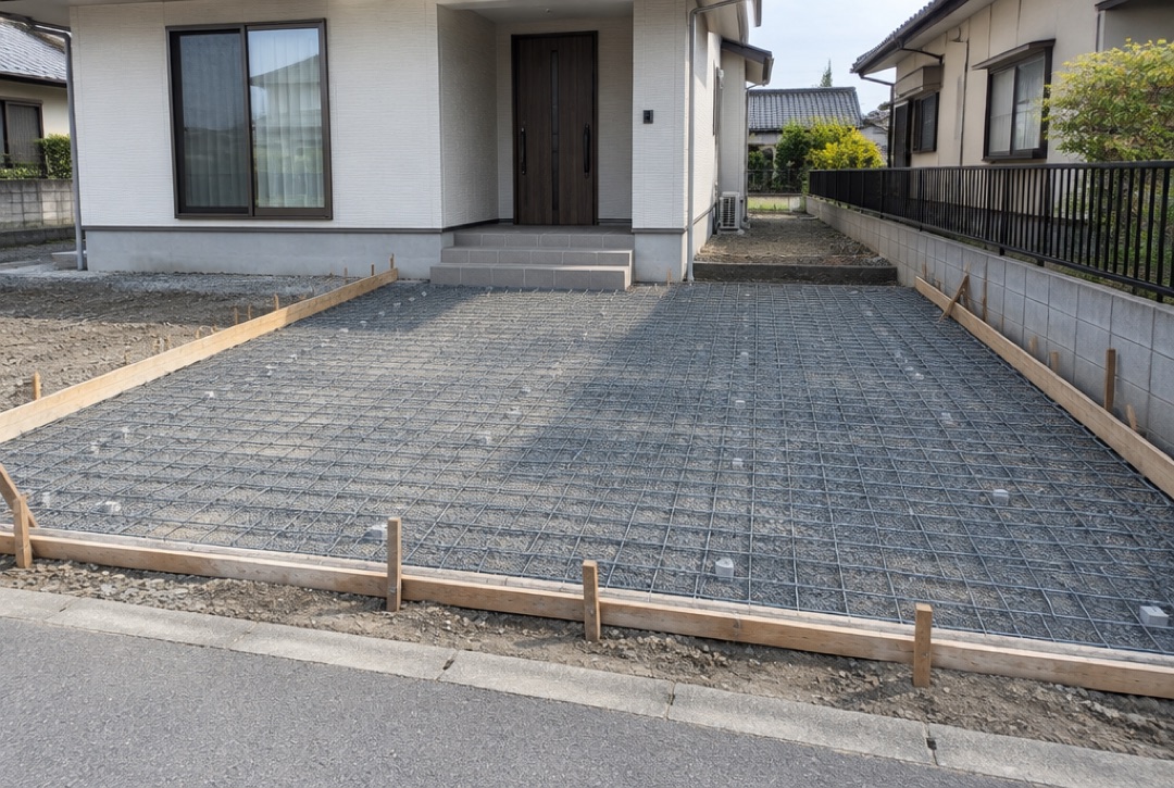 コンクリートを流す前の駐車場。砕石の上にワイヤーメッシュと型枠