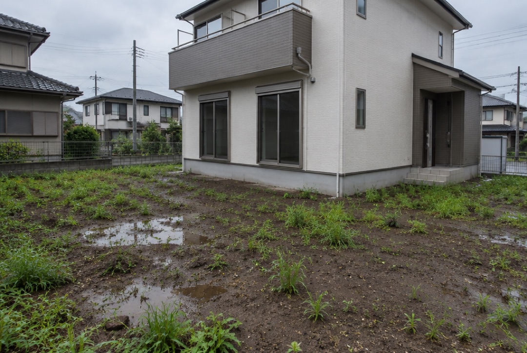 雑草が生えて雨で水たまりができた土のままの庭