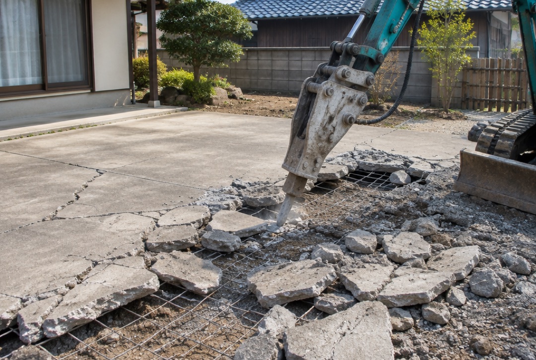 古い土間コンクリートを重機で壊して撤去しているところ