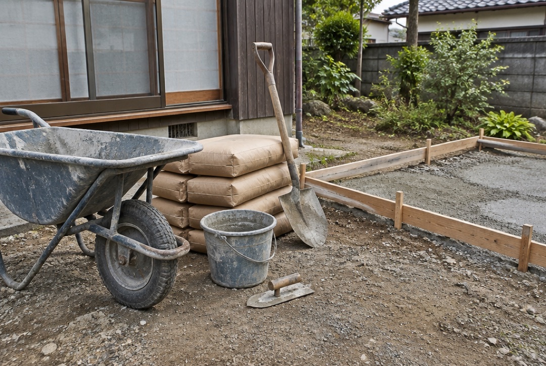 手押し車やセメント袋などコンクリートのDIY道具