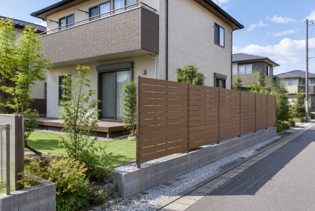 住宅の庭まわりに設置された木目調の目隠しフェンス