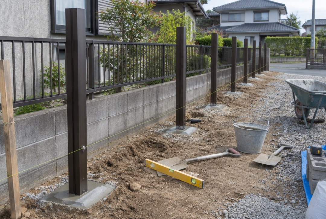 独立基礎で支柱を立てるフェンス工事の様子