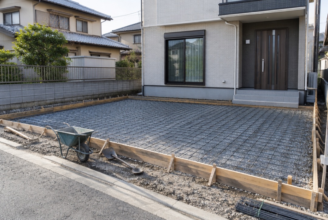 コンクリートを打つ前の駐車場。砕石の上にワイヤーメッシュを敷いた状態