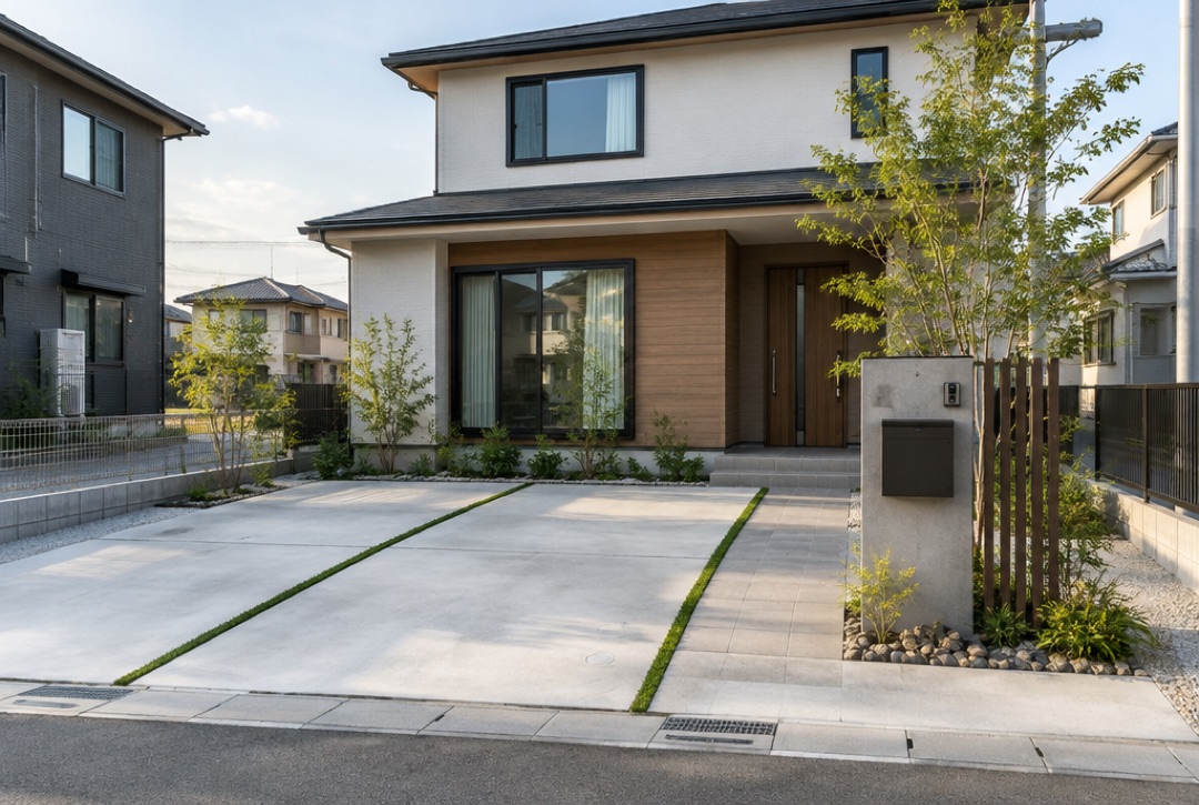 駐車場と門柱、植栽が完成した新築住宅の外構