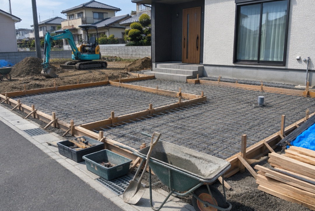 新築住宅の前で進む駐車場の土間コンクリートの下地工事