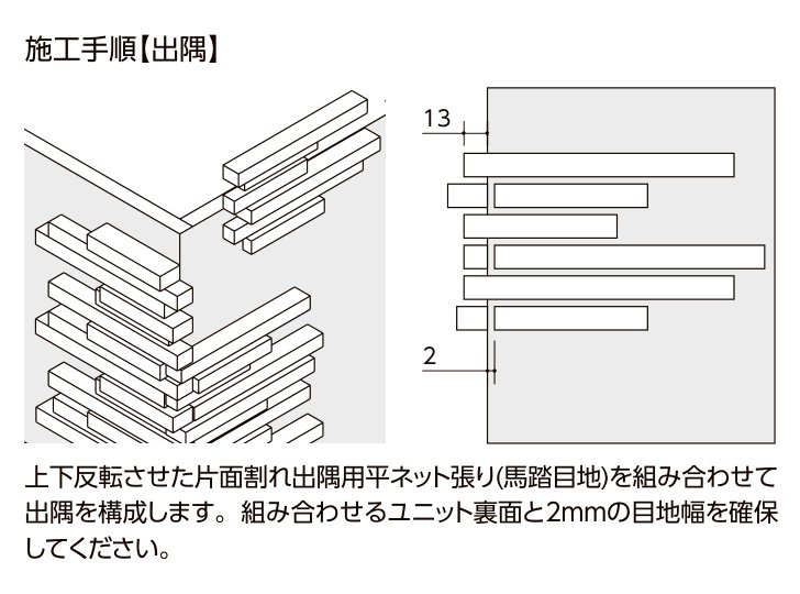 千陶彩(せんとうさい) 施工手順【出隅】上下反転させた片面割れ出隅用平ネット張り(馬踏目地)を組み合わせて出隅を構成