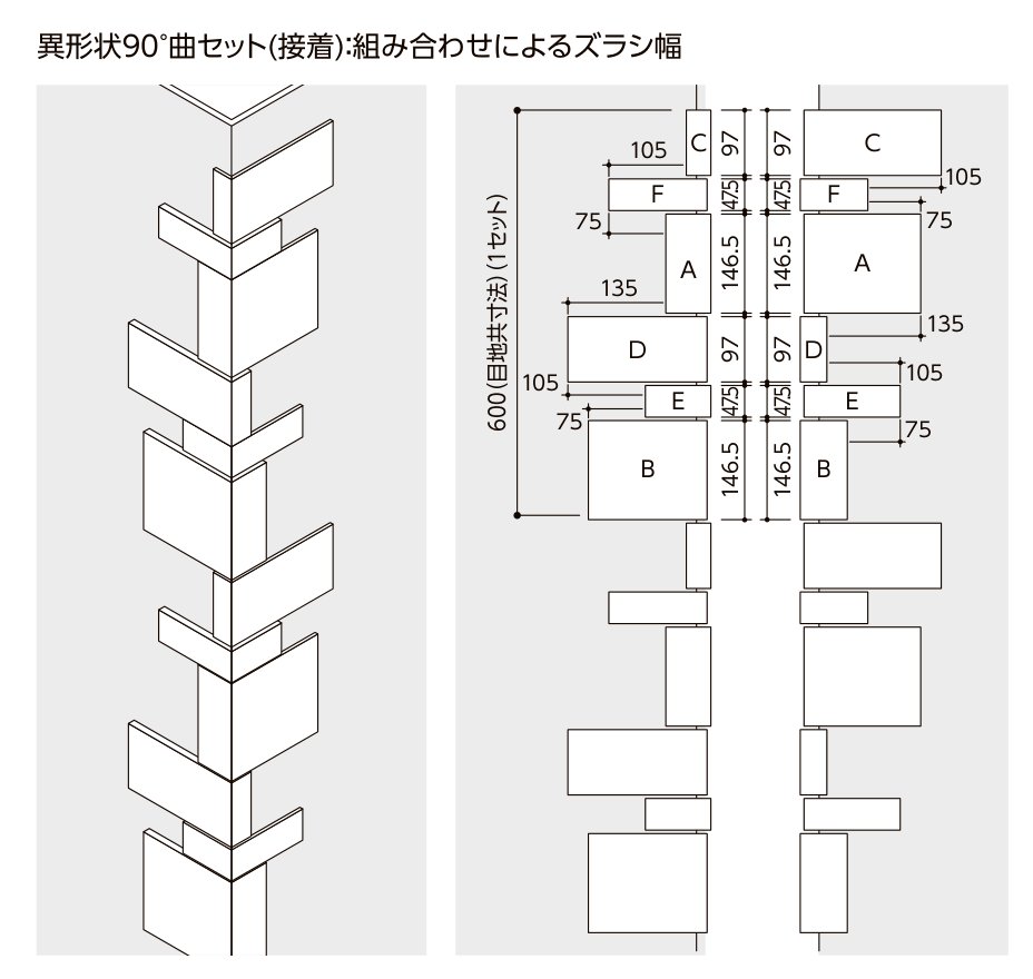 ストーンタイプコレクション ボーダーミックスL 異形状90°曲セット（接着）：組み合わせによるズラシ幅