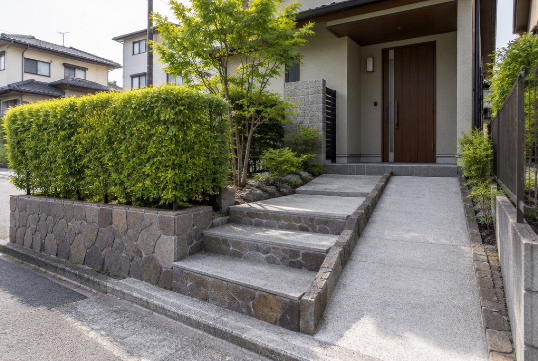 短い階段とゆるやかなスロープを並べた住宅のアプローチ