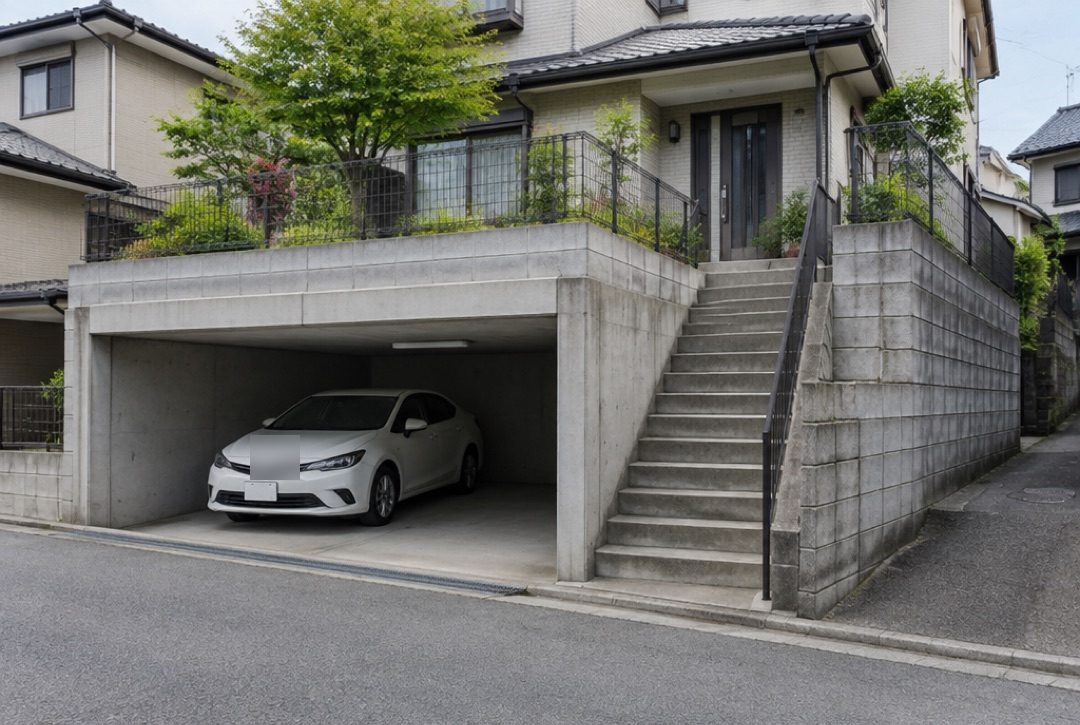 道路より高い位置に家があり、半地下の車庫の横に階段がある高低差のある土地
