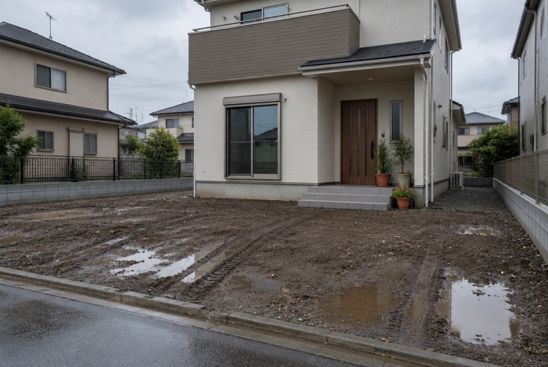 入居後も駐車場が土のままで、雨の後にぬかるんだ新築住宅の前庭
