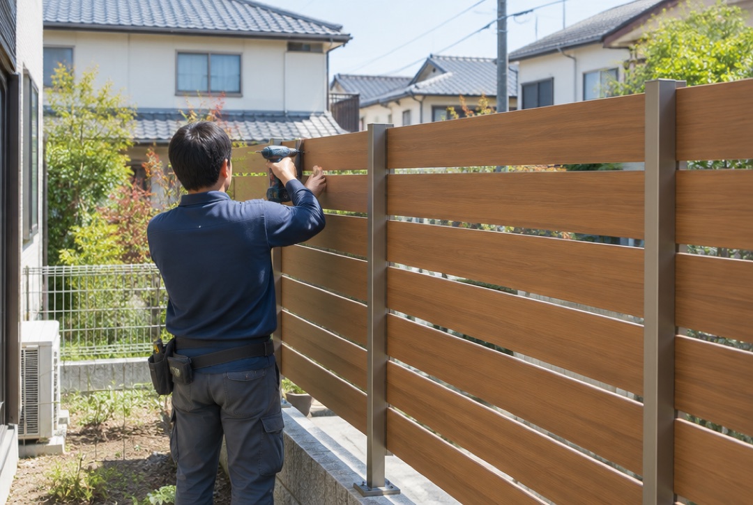 住宅の庭で木目調の目隠しフェンスの板を電動ドライバーで取り付ける後ろ姿