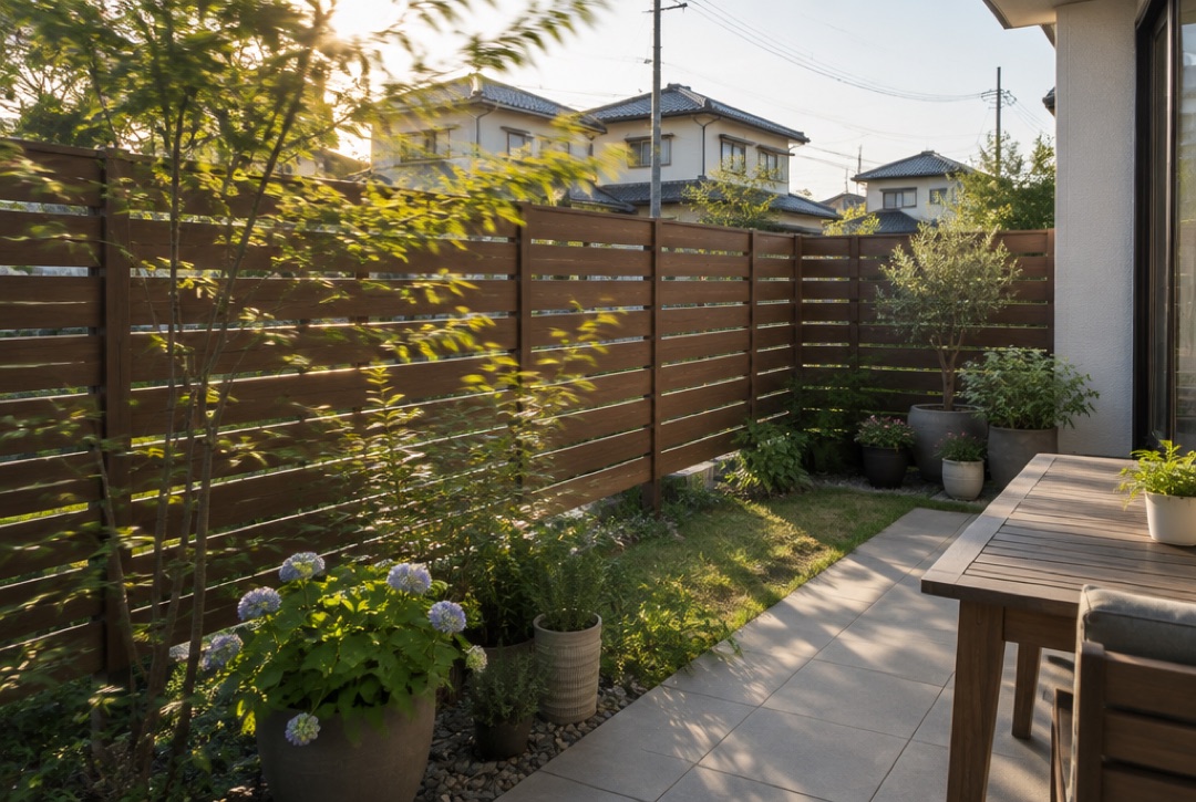 板の間にすき間をあけた木目調の目隠しフェンスがある住宅の庭