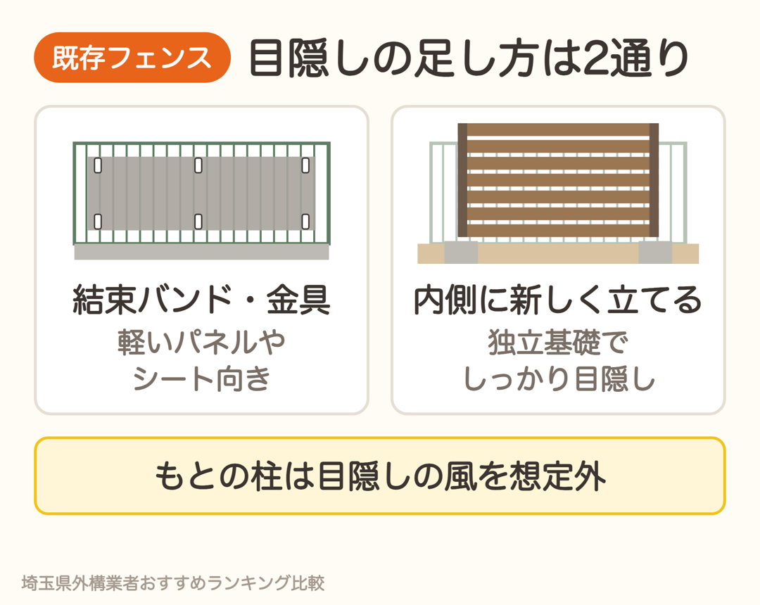 既存フェンスに目隠しを足す2つの方法。結束バンド・金具で軽いパネルやシートを付ける、内側に独立基礎で新しく立てる