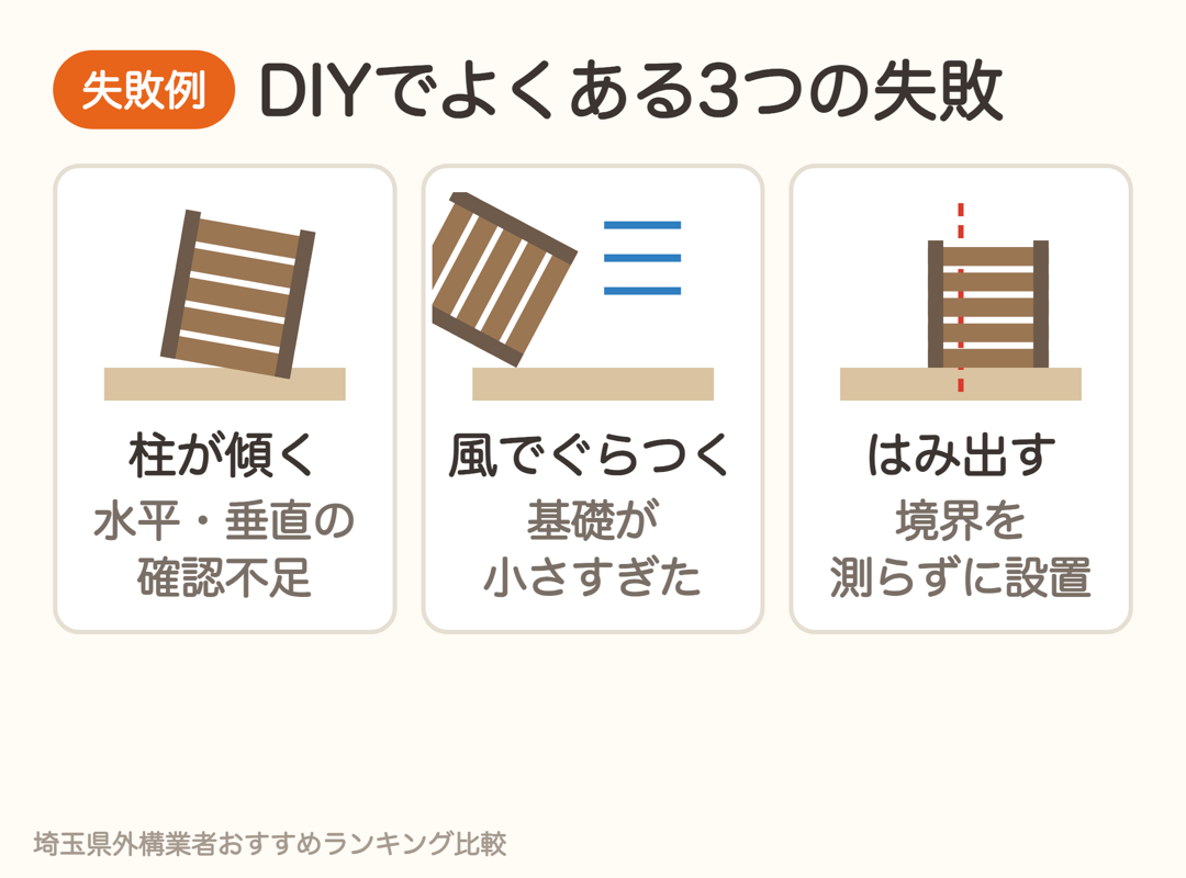 目隠しフェンスDIYでよくある3つの失敗。柱が傾く、風でぐらつく、境界をはみ出す
