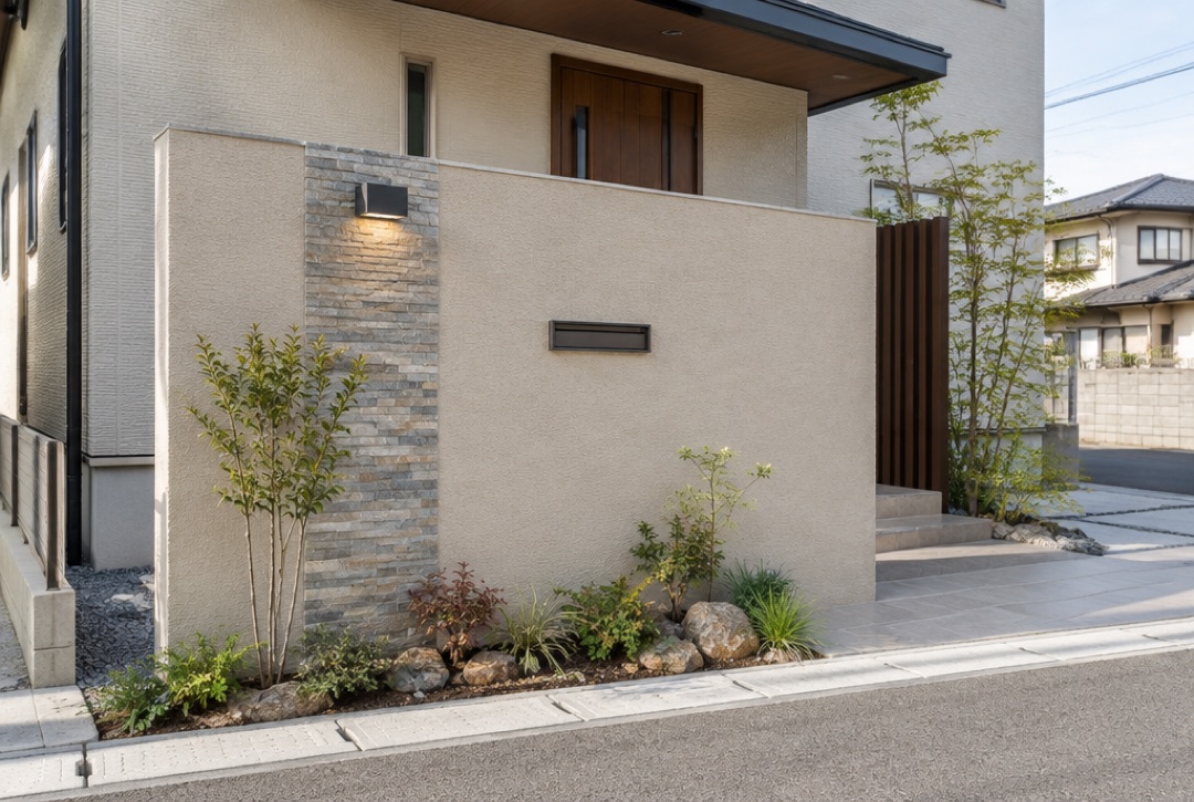 ベージュの塗り壁と石貼りを組み合わせた造作門柱