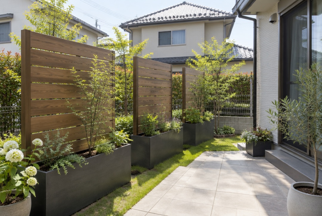 プランター付きの置くだけ目隠しフェンスを並べた住宅の庭