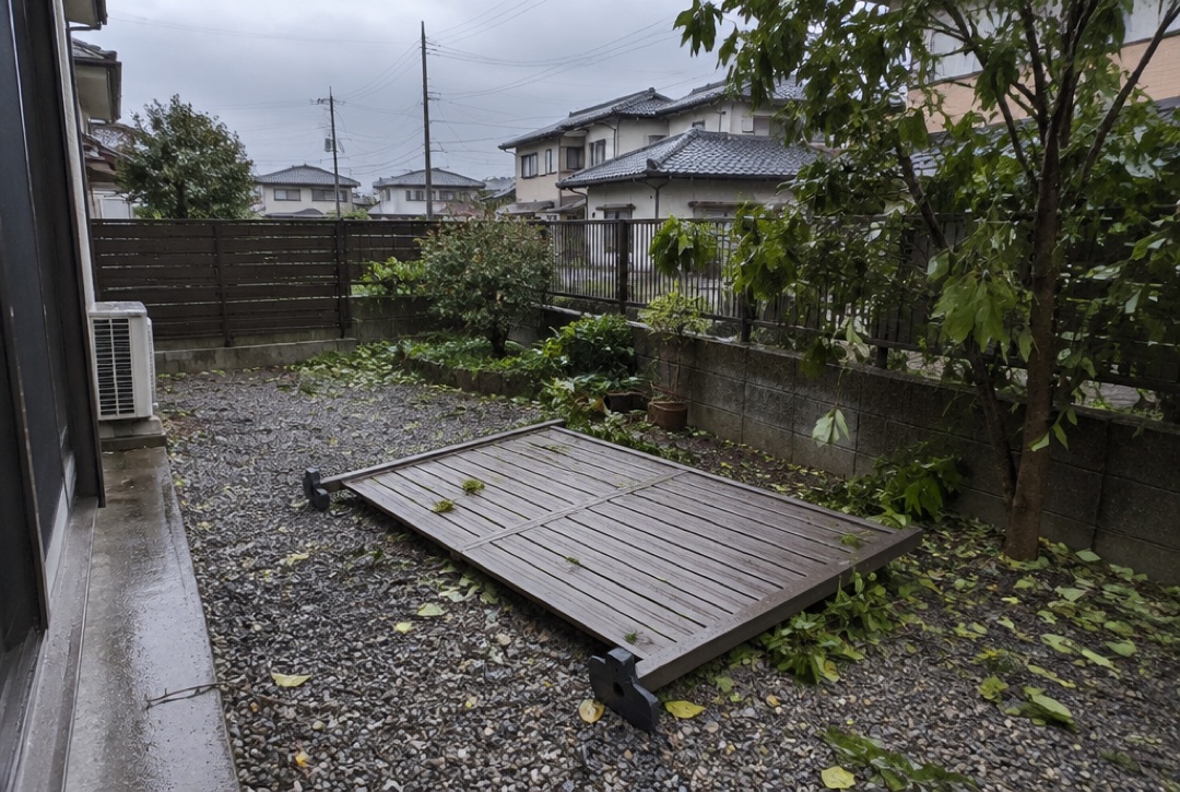強風で倒れた置くだけタイプの目隠しフェンス