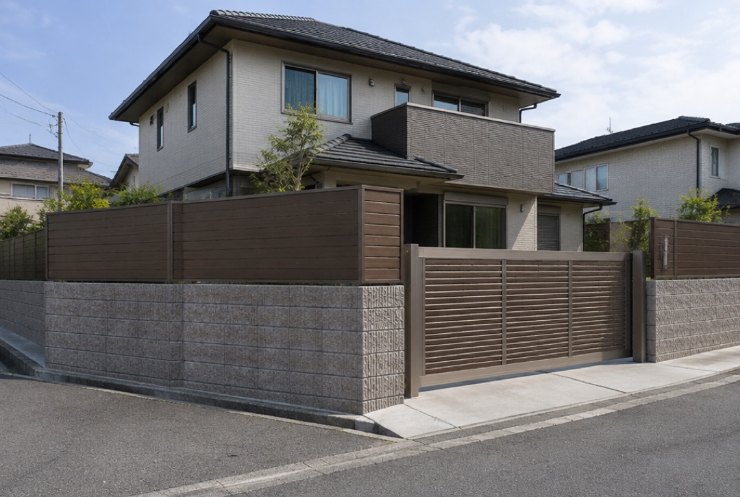木目調の高いフェンスと引き戸の門扉で囲ったクローズ外構の住宅
