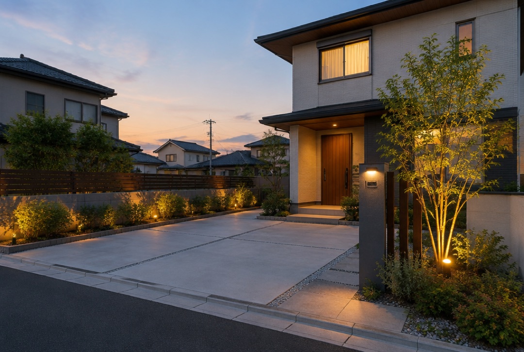 夕方に植栽と照明がともるオープン外構の住宅