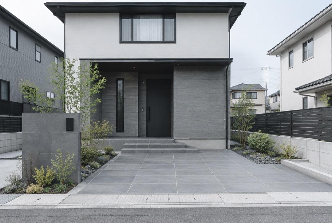 グレーのタイルと低い植栽でまとめたシンプルな外構の住宅