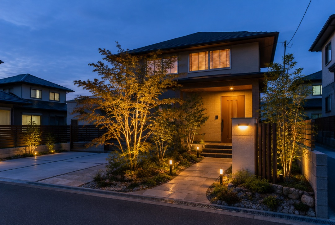 夕暮れにシンボルツリーとアプローチを照明で照らした住宅の外構