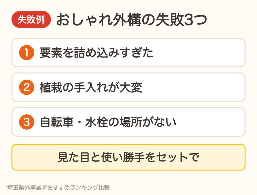 おしゃれ外構の失敗3つ。要素を詰め込みすぎた、植栽の手入れが大変、自転車や水栓の場所がない
