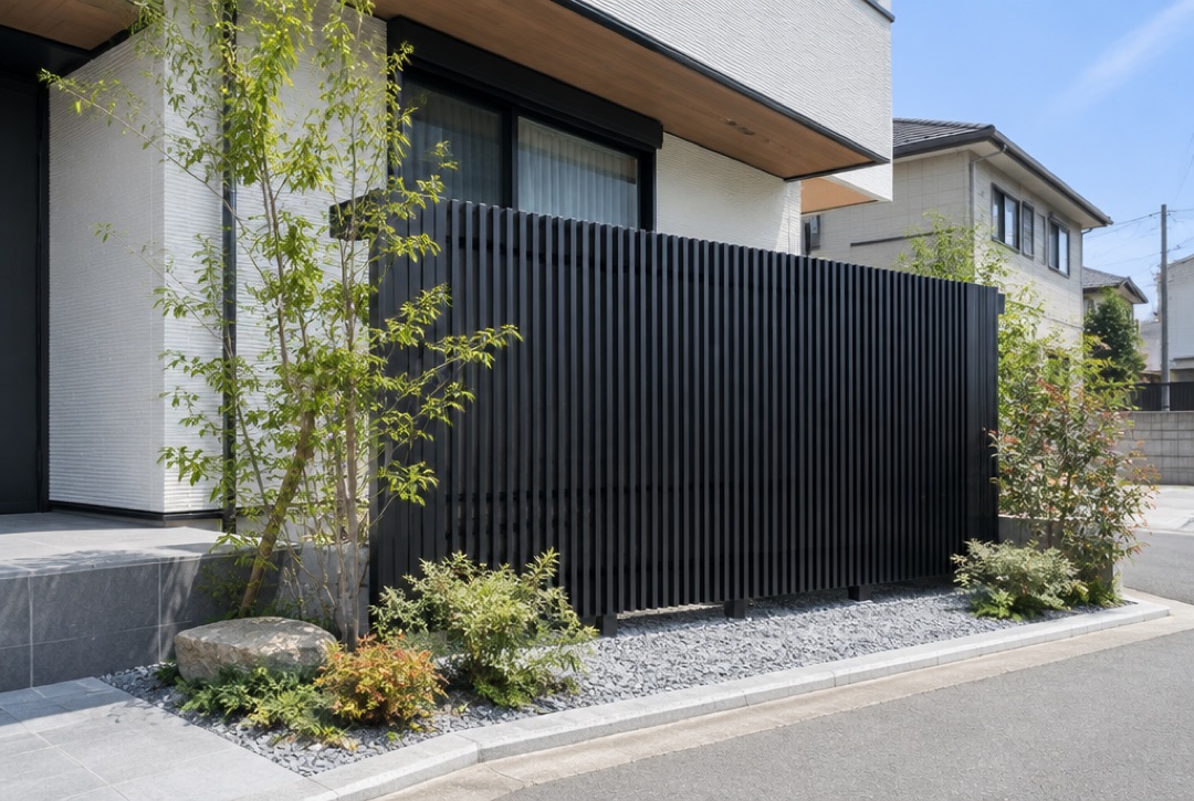 モダンな住宅の前に設置された黒い縦格子の目隠しフェンス