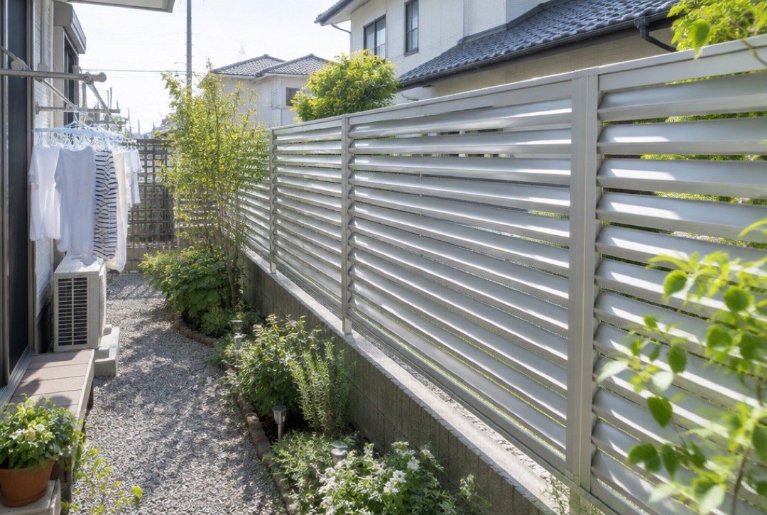 住宅の横庭に設置された明るいグレーのルーバー目隠しフェンス