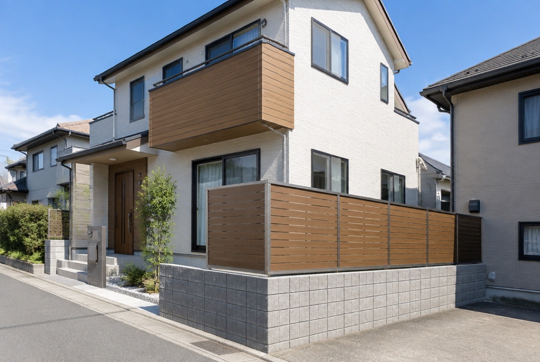 隣家との境界に木目調の目隠しフェンスを設置した埼玉の新築住宅
