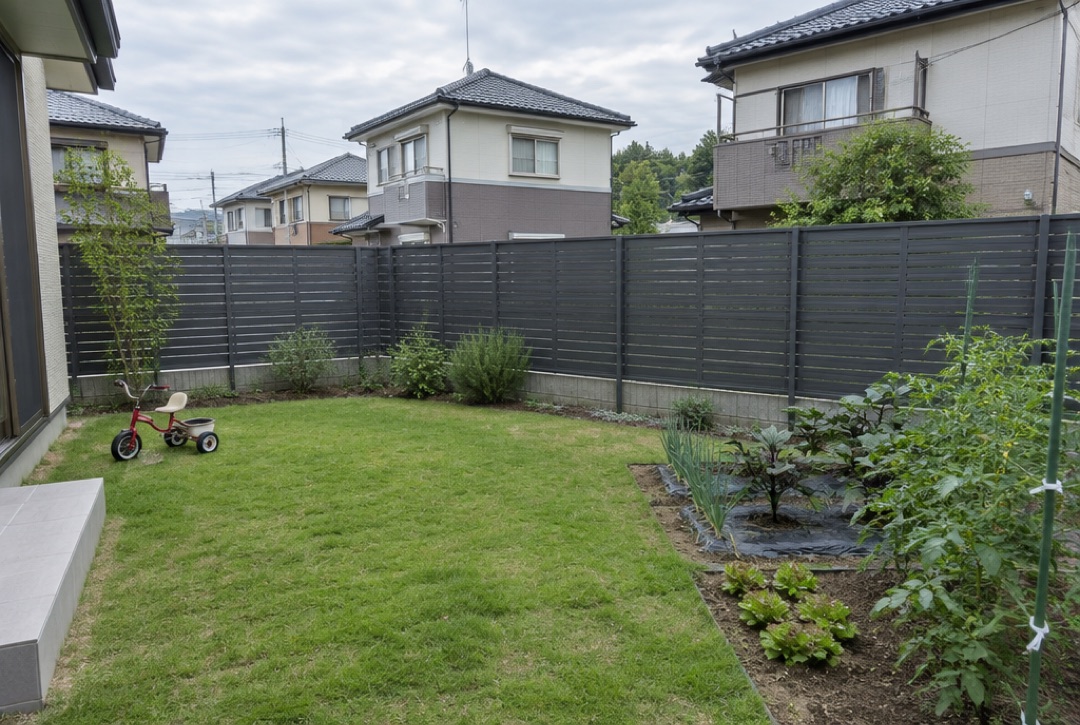 ダークグレーの横板目隠しフェンスに囲まれた住宅の裏庭