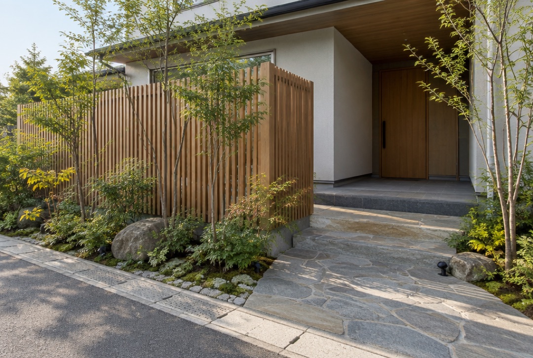 木目調の縦格子スクリーンがある住宅の玄関アプローチ