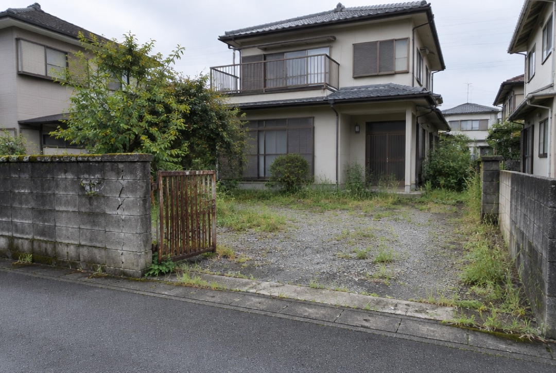 ブロック塀が古くなり駐車場に雑草が生えた住宅の外構