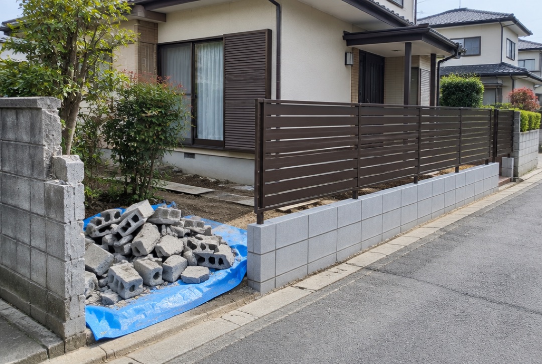古いブロック塀を撤去して低いブロックとアルミフェンスに交換している様子