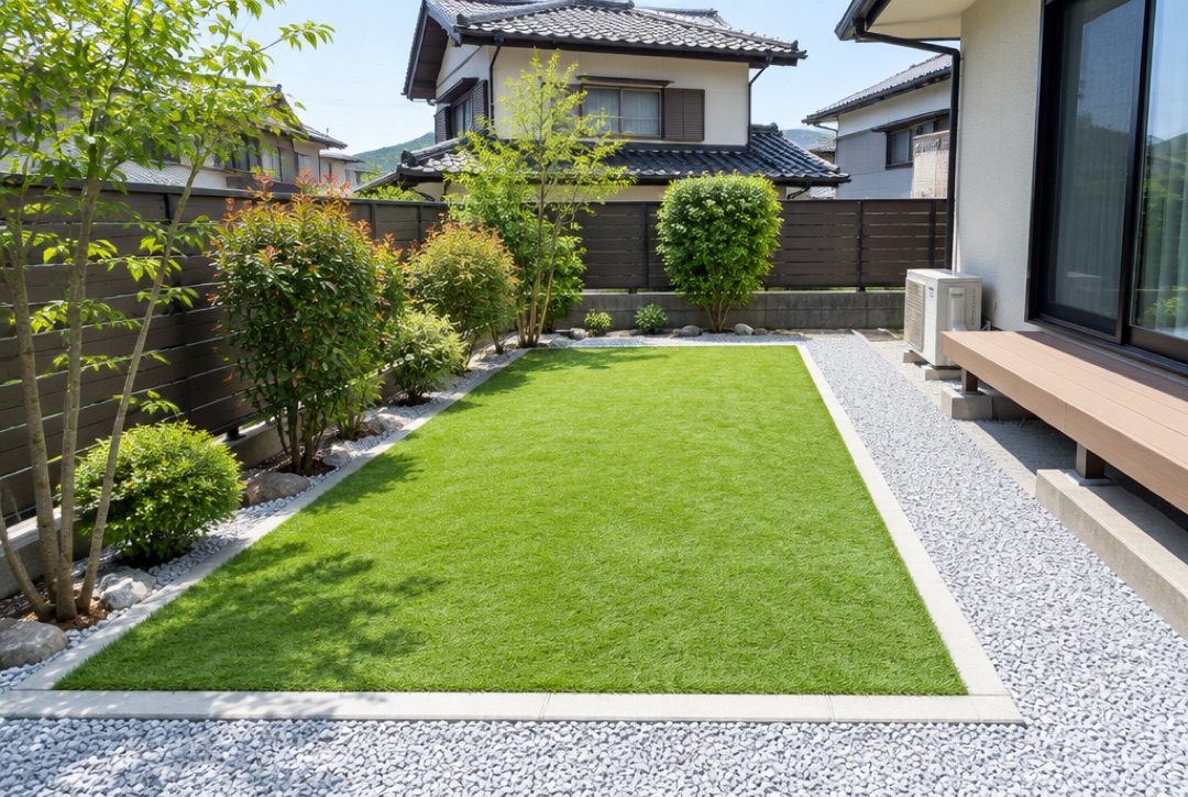 人工芝と砂利で雑草対策をした住宅の庭