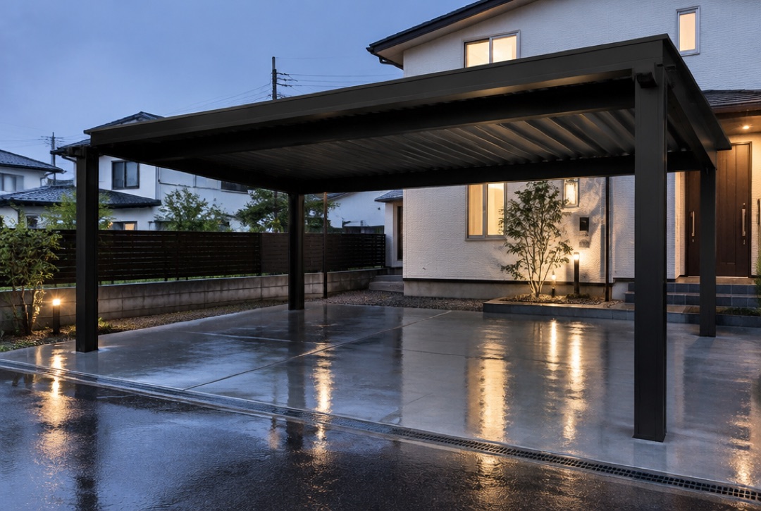 黒い折板屋根の2台用カーポートがある雨の夕方の住宅