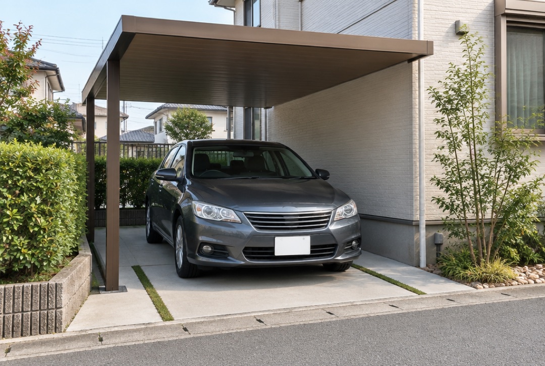 ブロンズ色のフラット屋根カーポートと住宅の駐車場