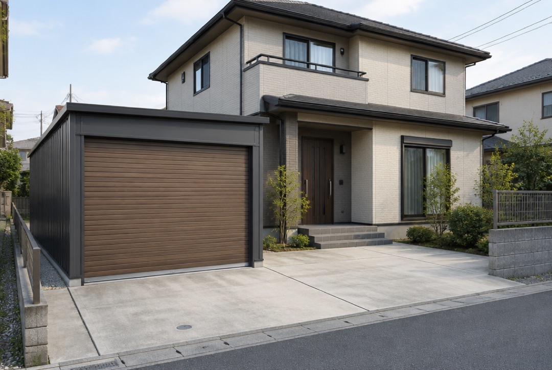 木目調シャッターのスチールガレージがある埼玉の住宅