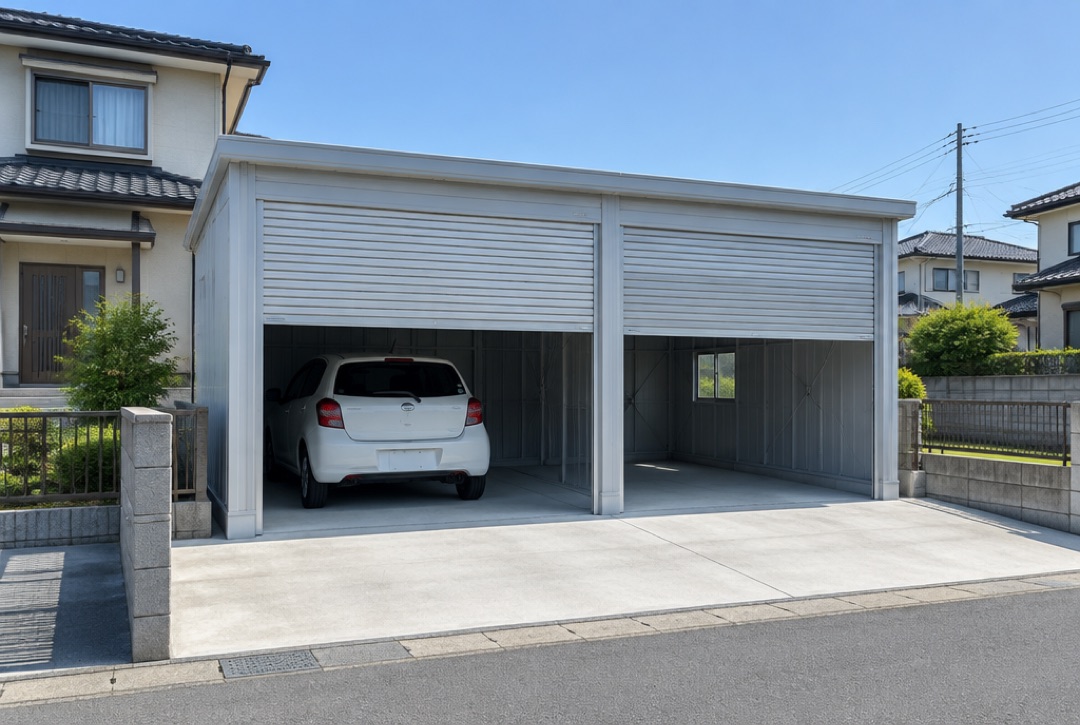 埼玉の住宅の横に建てた2台用のスチールガレージ